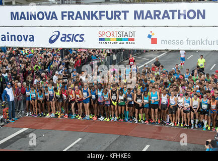 Frankfurt, Deutschland. Oktober 2017. Das führende Feld des Mainova Frankfurt Marathons 2017 wartet am 29. Oktober 2017 in Frankfurt am Main auf den Start. Der Frankfurter Marathon ist der älteste Stadtmarathon Deutschlands. Quelle: dpa Picture Alliance/Alamy Live News Stockfoto