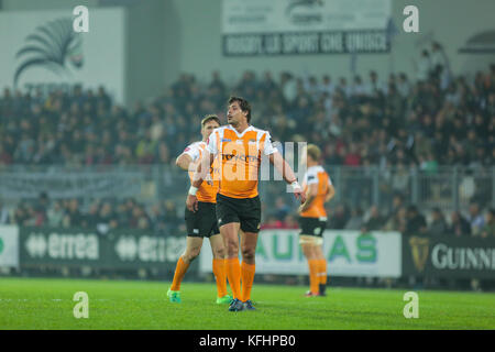 Parma, Italien. 28. Oktober 2017. Geparden" Kapitän Francois Venter in seinem ersten Guinness PRO 14 Rugby Championship Match in Italien gegen Zebre Rugby. Massimiliano Carnabuci/Alamy leben Nachrichten Stockfoto