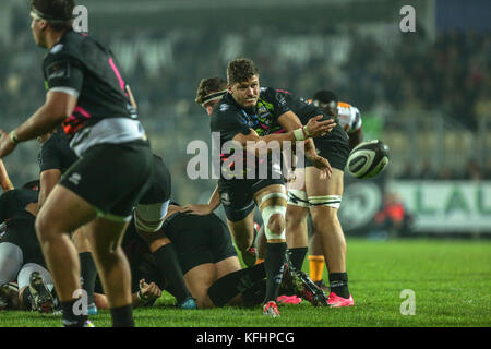 Parma, Italien. 28. Oktober 2017. Marcello Violi cleares den Ball im Spiel gegen den Geparden in Guinness PRO 14 Rugby Meisterschaft. Massimiliano Carnabuci/Alamy leben Nachrichten Stockfoto