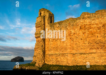 East Lothian, Schottland, Großbritannien. Kalten sonnigen Tag mit warmen Herbst Dämmerung Licht auf die Ringmauer der verfallenen Tantallon Castle auf einer Klippe im Firth von weiter in der Nähe von North Berwick, mit dem Bass Rock und der Insel kann in der Ferne Stockfoto