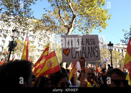 Barcelona, Spanien. 29 Okt, 2017. demonstranten pro Einheit Rallye in Barcelona, Spanien. Credit teilnehmen: Joe O'Brien/alamy leben Nachrichten Stockfoto