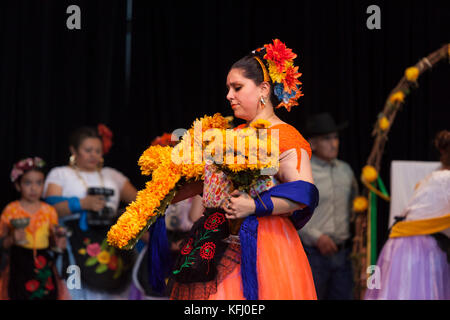 Seattle, Usa. Oktober 2017. Seattle, Washington: Alma Huasteca tritt während des Día de Muertos Festivals im Seattle Center Armory auf. Die Feier dient der Erinnerung an verstorbene Freunde und Familienmitglieder und hilft, ihren spirituellen Weg zu unterstützen. Quelle: Paul Christian Gordon/Alamy Live News Stockfoto