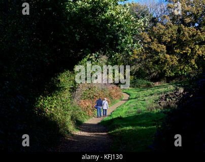 Senior Paar auf Pfad, Pulborough Brooks, ein RSPB Nature Reserve, West Sussex, England, Großbritannien Stockfoto