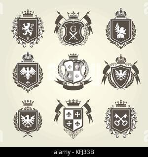 Königliche Wappen und Wappen - Ritter heraldische Emblemen Stock Vektor