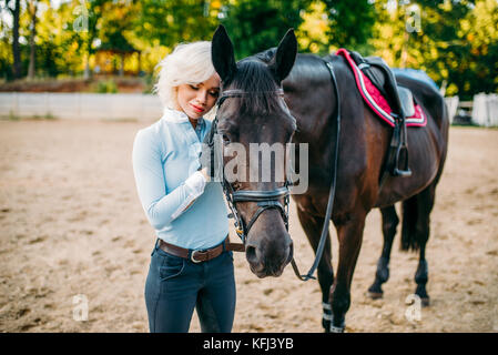 Weibliche Mitfahrer umarmt sie Pferde, Freundschaft, Reiten. Pferdesport, junge Frau und schönen Hengst, farm animal Stockfoto