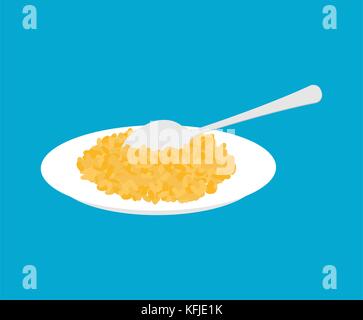 Bulgur porridge im Teller und Löffel isoliert. Gesundes Essen zum Frühstück. Vector Illustration Stock Vektor