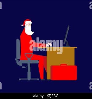 Santa Claus bei der Arbeit am Computer. Weihnachten arbeiten. Geschäftsmann santa. Vector Illustration Stock Vektor