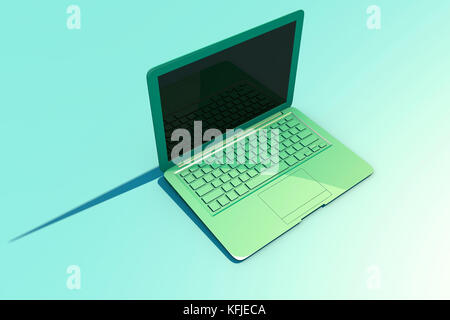 Offener Laptop mit Bildschirm und Tastatur, langer Schatten Stockfoto