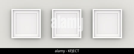 Reihe mit 3 quadratischen weißen Rahmen auf der Wand mit weißem Passepartout. leer für Kopieren. 3D-Render. Stockfoto