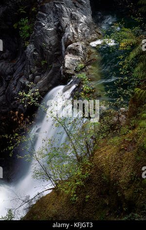 Künstlerische Nahaufnahme eines Wasserfalls im Little Qualicum Falls Provincial Park, Vancouver Island, BC, Kanada Stockfoto