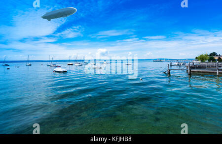 Zeppelin, kleinen Yachthafen mit Segelbooten in Hagnau am Bodensee, Hagnau, Bodensee, Baden-Württemberg, Deutschland, Europa Stockfoto