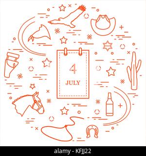 Abbildung: Adler, Cowboyhut, Kaktus, Sheriff Stern, Whiskey, Lasso, Hufeisen, Pferdekopf, Holster, Halstuch, Kalender in einem Kreis angeordnet. w Stock Vektor