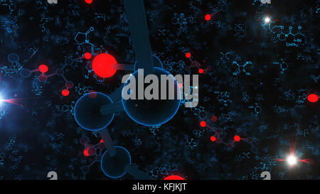 Eine erstaunliche 3D-Illustration von schwarzen und roten Molekülstrukturen auf schwarzem Hintergrund mit weißen funkelnden Flecken, Formeln und Buchstaben. Die blaue sie Stockfoto