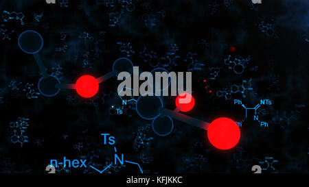 Eine atemberaubende 3D-Illustration schwarzer und roter Molekülstrukturen auf schwarzem Hintergrund mit strahlenden Strahlen, hellblauen Buchstaben N, TS, Ph und Formeln Stockfoto
