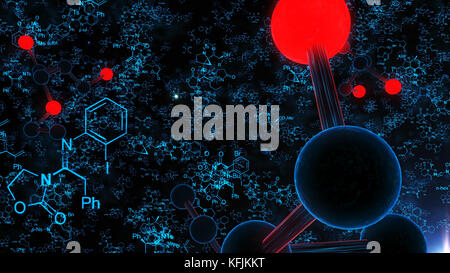 Eine erweiterte 3D-Illustration großer und kleiner schwarzer und roter Molekülstrukturen in blauen Schalen auf schwarzem Hintergrund mit hellblauen Buchstaben und Mul Stockfoto