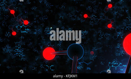 Eine futuristische 3D-Illustration großer und kleiner schwarzer und roter Molekülstrukturen in blauen Schalen auf schwarzem Hintergrund, in einem ultramodernen Microsc zu sehen Stockfoto