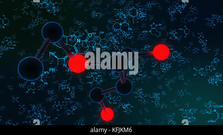 Eine facettenreiche 3D-Illustration von roten und schwarzen Molekülen in blauen Schalen auf schwarzem Hintergrund, mit einem hochauflösenden Mikroskop mit l Stockfoto