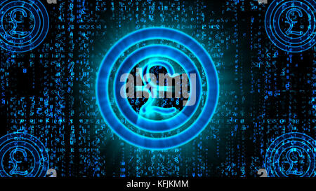 3D-Illustration eines blauen Bitcoin-Pfund-Schilds in der Mitte von zwei funkelnden Kreisen auf schwarzem Hintergrund, bedeckt mit Linien im Matrix-Stil Stockfoto