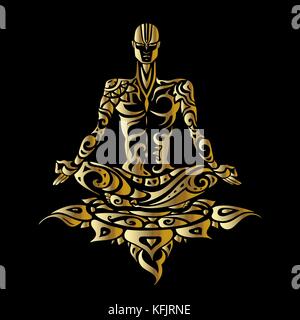 Yoga mann Silhouette. Hand gezeichnet Vector Illustration. Meditation im Lotussitz padmasana Stock Vektor