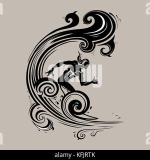 Surfer Mann auf der Welle. Drucke für t-shirts. Vektor handgezeichnete Illustrationen. Stock Vektor