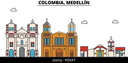 Kolumbien, Medellin Umrisse City Skyline, lineare Abbildung, Banner, Reisen, Sehenswürdigkeiten, Gebäuden Silhouette, Vektor Stock Vektor