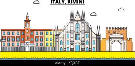 Italien, umriss Stadt Rimini Skyline, lineare Abbildung, Banner, Reisen, Sehenswürdigkeiten, Gebäuden Silhouette, Vektor Stock Vektor