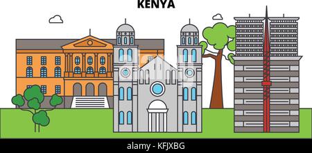 Kenia übersicht City Skyline, lineare Abbildung, Banner, Reisen, Sehenswürdigkeiten, Gebäuden Silhouette, Vektor Stock Vektor