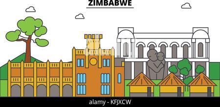 Simbabwe Umrisse City Skyline, lineare Abbildung, Banner, Reisen, Sehenswürdigkeiten, Gebäuden Silhouette, Vektor Stock Vektor