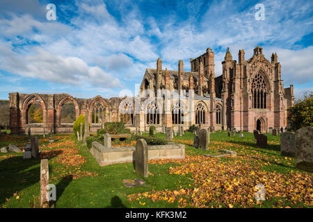 Anzeigen von Melrose Abbey in Scottish Borders, Schottland, Vereinigtes Königreich Stockfoto