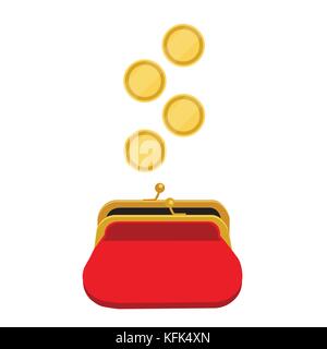 Vector Illustration goldenen Münzen in rot Retro Tasche fallen. Dollar fallen in offenen Geldbeutel. Geld sparen Konzept Stock Vektor