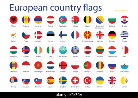 Vector Abbildung der europäischen Flaggen mit Namen. 50 Ländern Stock Vektor