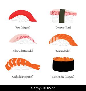 Vector Illustration, Sammlung, maguro ebi Sushi, Sake, Tai, Tako und tobiko Nigiri isoliert auf Weiss. Traditionelle japanische Küche. Stock Vektor