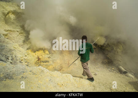 Ein bergmann Schwefel Felsen von der Kawah Ijen Krater in Ostjava, Indonesien. Stockfoto