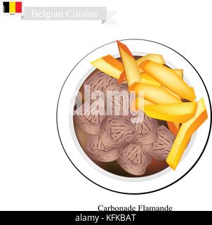 Belgische Küche, carbonade flamande oder traditionelle Rinderragout mit Zwiebeln, Bier, Thymian und Bucht serviert mit Pommes frites. Das nationale Gericht aus Belgien. Stock Vektor