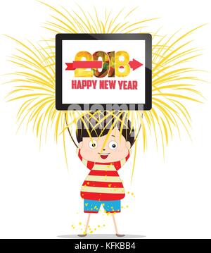 Frohes neues Jahr 2018 und Tablet Kinder Stock Vektor