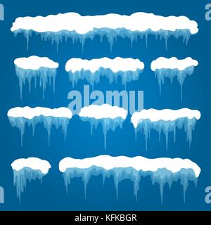 Eiszapfen und Schneeverwehungen Vector Illustration. geschneit, Pfähle und Eiskappen auf weißem Hintergrund für kalte gefrorene winter Einrichtung isoliert Stock Vektor