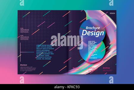 Abstrakte design Broschüre, fließenden Flüssigkeiten, Blase und bunte geometrische Elemente auf lila Hintergrund, holographische Stil Stock Vektor