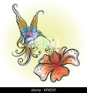 Flying Kolibri Nektar schlürfen von Blume in Tattoo Art gezeichnet. Vector Illustration Stock Vektor