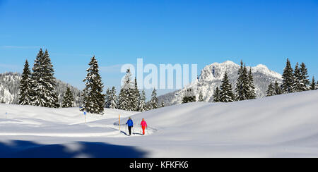 Zwei Wanderer zu Fuß durch das verschneite Berglandschaft, premium Winterwanderweg, hemmersuppenalm, Reit im Winkl, Chiemgau Stockfoto