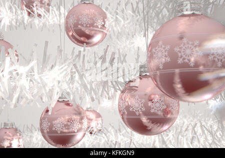 Rose Gold Weihnachtskugeln mit fein verzierten Schneeflocke Muster hängen von einer gefälschten weiße Weihnachten - 3D-Render eingerichtet Stockfoto