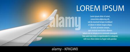 Banner von einem Flugzeug Tragfläche auf Sonnenuntergang. Broschüre im Tourismus Thema. Reisebüro Werbung Flugzeug poster Design. Vector Illustration Stock Vektor