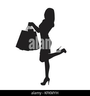 Schwarze silhouette Frau mit Einkaufstüten auf weißem Hintergrund Stock Vektor