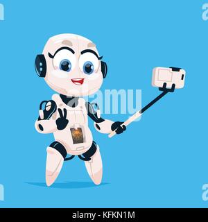 Niedliche Roboter nehmen selfie Foto Roboter Mädchen isoliert Symbol auf blauem Hintergrund moderne Technik der künstlichen Intelligenz Konzept Stock Vektor
