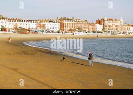 Weymouth, Großbritannien. 30 Okt, 2017. de Wetter. einen sonnigen, aber kalten Start in den Tag in Weymouth und die Menschen können ihre Hunde Übung am Strand wieder, jetzt wo die Weihnachtszeit ist über Credit: stuart Hartmut Ost/alamy leben Nachrichten Stockfoto