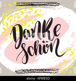 Danke schoen. Vielen Dank, dass Sie sich in deutscher Sprache. Vektor Hand gezeichnet Pinsel Schriftzeichen auf farbigen Hintergrund. Stock Vektor