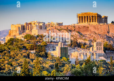 Athen, Griechenland. Akropolis, alte Ruinen der griechischen Zivilisation Zitadelle mit Parthenon Tempel. Stockfoto