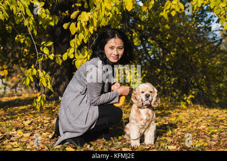 Attraktive asiatische Frau mit Hund im Park. gefallenen Blätter im Hintergrund. Stockfoto