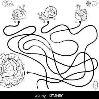 Schwarze und weiße Cartoon Illustration der Bahnen oder Labyrinth puzzle Aktivität Spiel mit Schnecke Zeichen und Kopfsalat Malbuch Stock Vektor