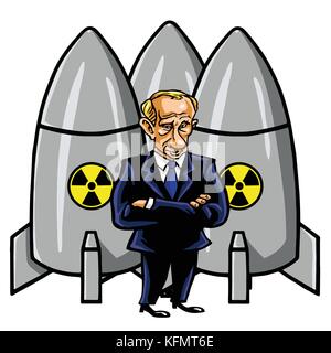 Wladimir Putin Karikatur mit nuklearen Raketen. Vector Illustration. 31. Oktober 2017 Stock Vektor
