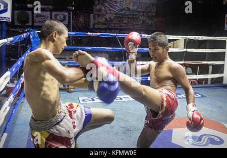 Schlagen. Jungs, Muay Thai Boxer kämpfen, Paktonchai, Korat, Thailand Stockfoto